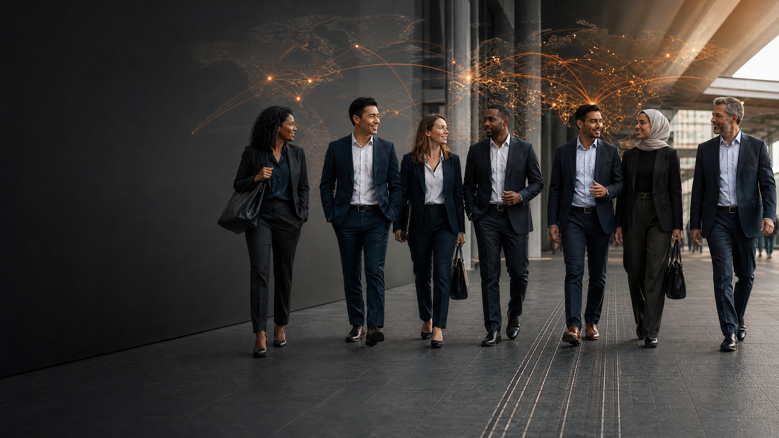 A diverse international business group moving through a global urban setting